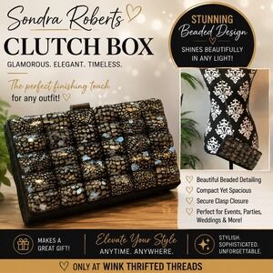 Sondra Roberts Evening‎ Clutch Box Bag Beaded Metallic Black Gold Wedding Guest